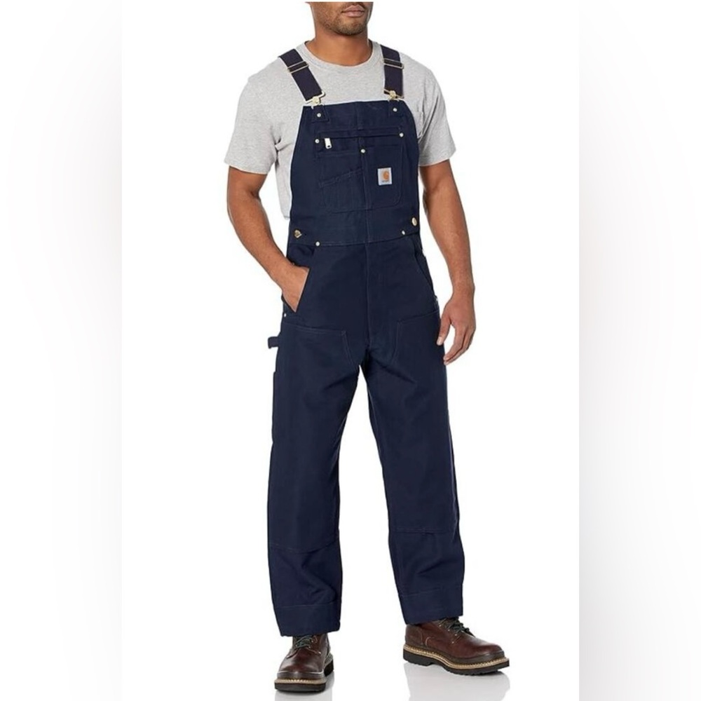 NWT mens Carhartt R01 navy blue unlined duck double front bib overalls 36x32.